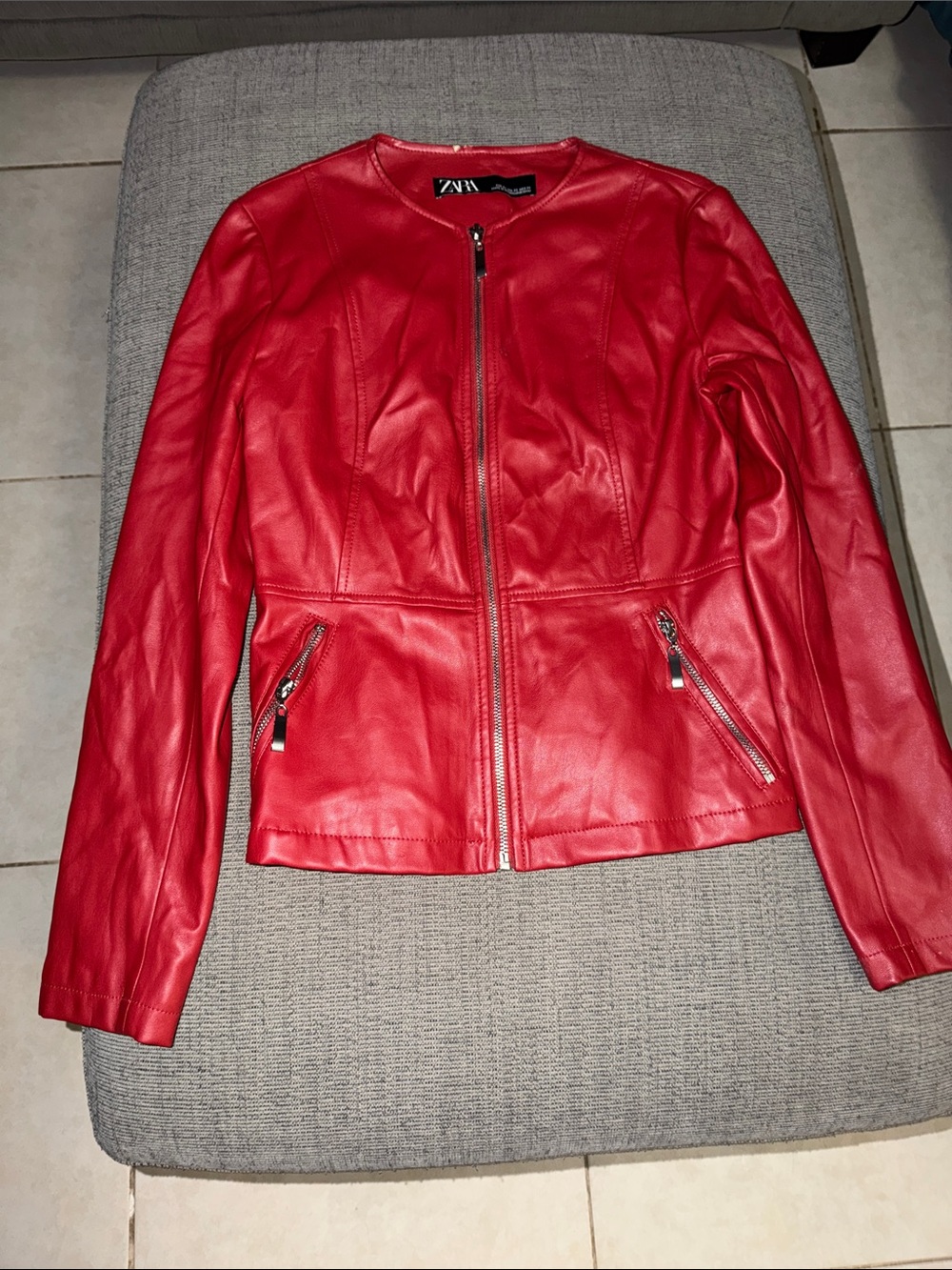 Zara Bright Red Faux Leather Zip Jacket